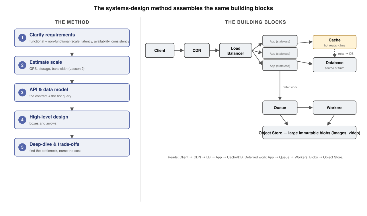 The design method, and the building blocks it assembles. Left: five numbered steps as a top-to-bottom flow. Right: a generic web-scale architecture wiring the universal blocks the method draws.