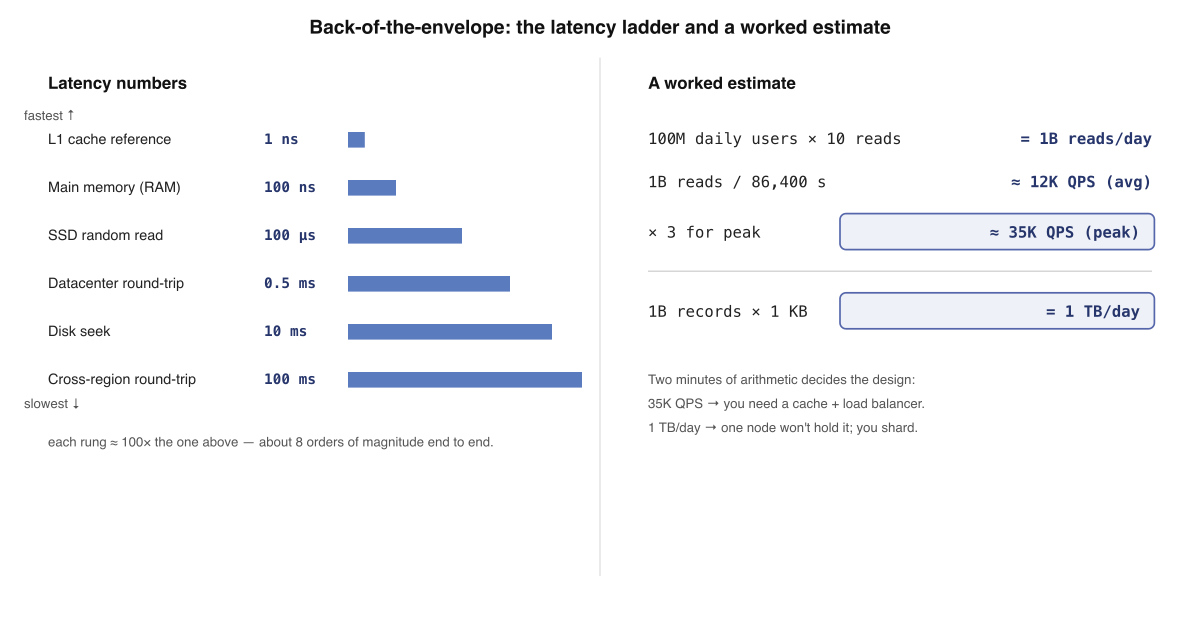 Back-of-the-envelope reference card. Left: the latency ladder from L1 cache to cross-region round-trip with bars that grow by orders of magnitude. Right: a worked QPS-and-storage estimate.
