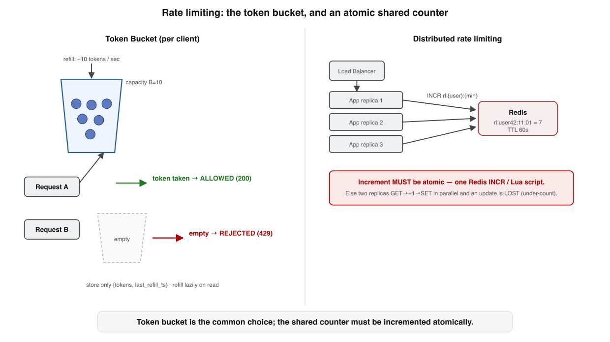 Left: the token-bucket algorithm. Right: a shared atomic counter in Redis. Token bucket allows a request when a token is present and returns 429 when the bucket is empty; the distributed counter shows many app servers issuing a single atomic INCR against one Redis key.