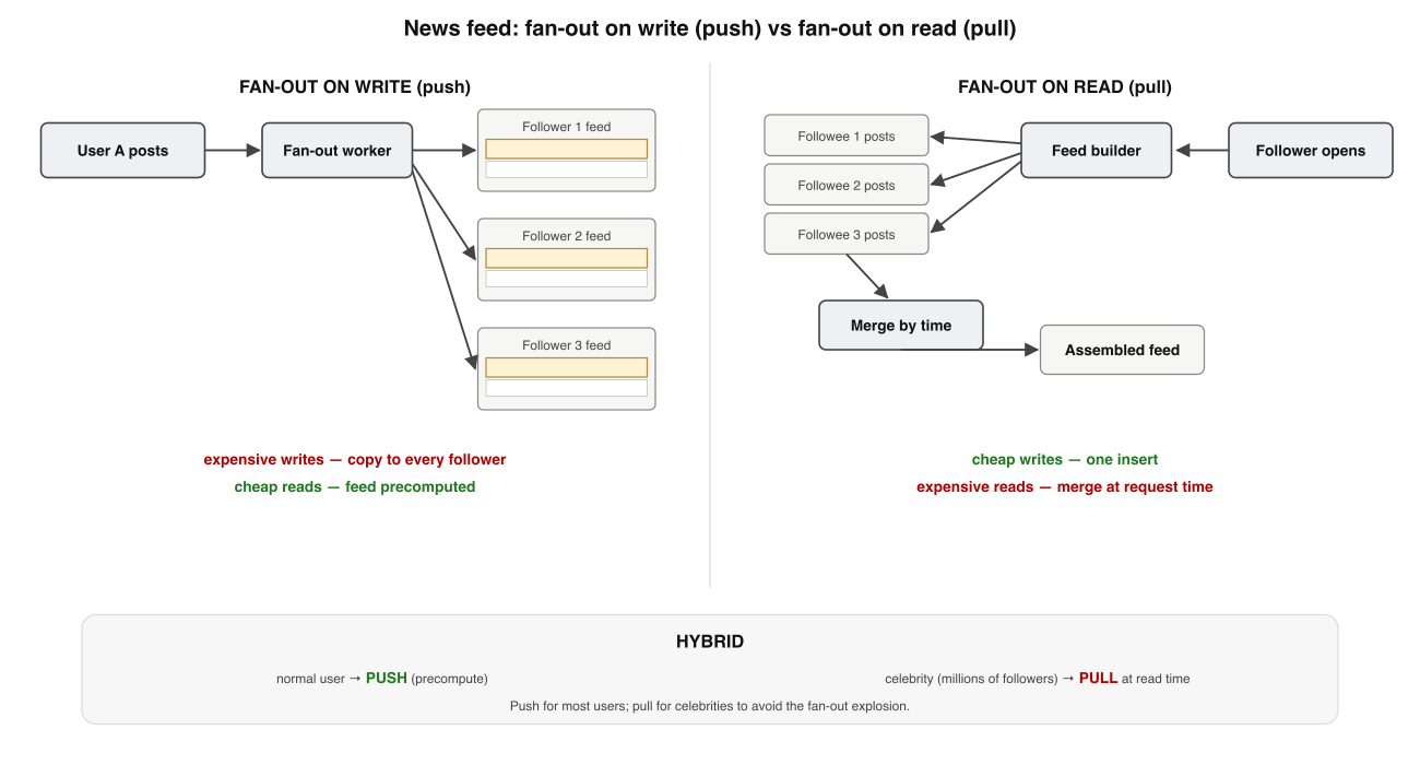 Two fan-out strategies for the same new post. Left: fan-out on write copies the post into every follower's precomputed feed (cheap reads, expensive writes); right: fan-out on read merges followees' recent posts at request time (cheap writes, expensive reads); a hybrid uses push for normal users and pull for celebrities.