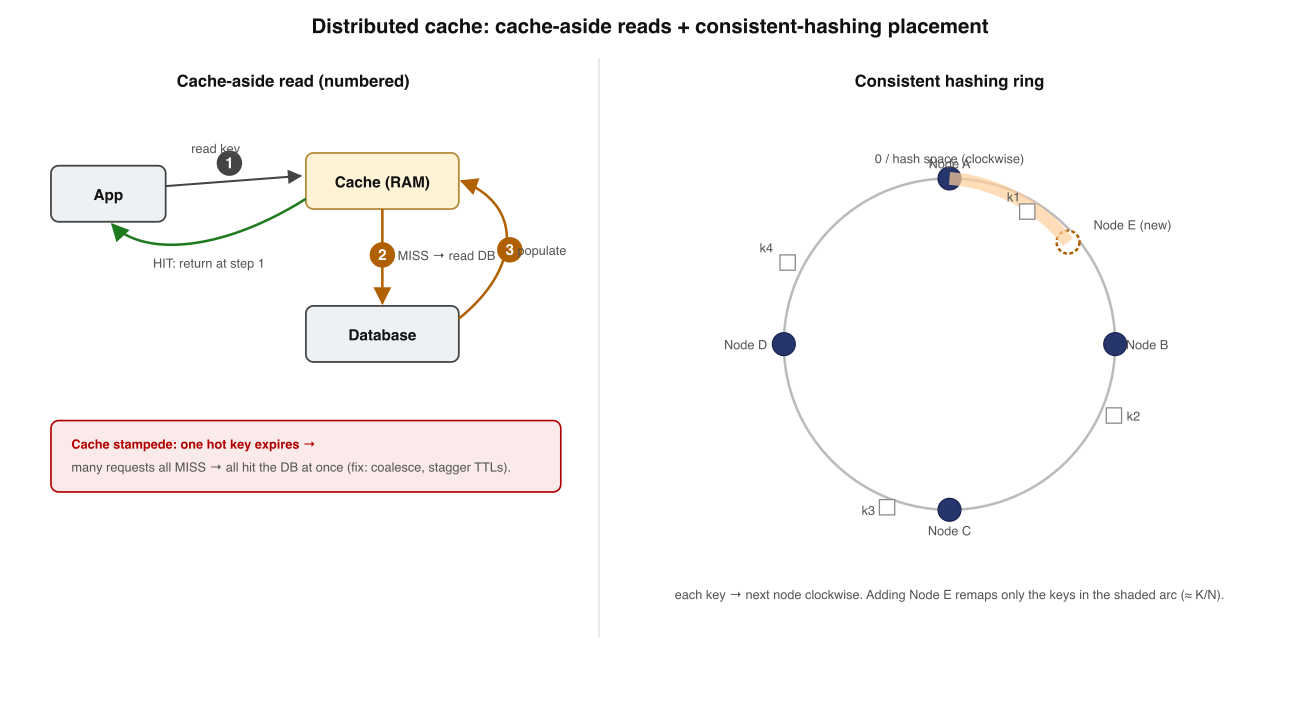 Cache-aside read flow and the consistent-hashing ring. The left panel numbers the miss path that populates the cache; the right shows keys owned by the next node clockwise and how adding a node remaps only one arc.