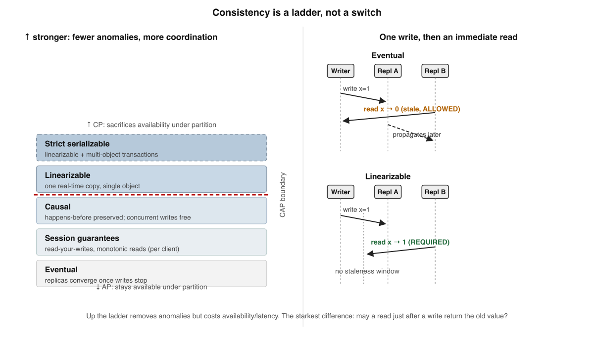 Bold caption: consistency is a ladder, not a switch. A vertical ladder of replica-consistency models from eventual (weak, bottom) to linearizable (strong, top), with a two-client read example showing eventual lets a read see the old value just after a write while linearizable does not.