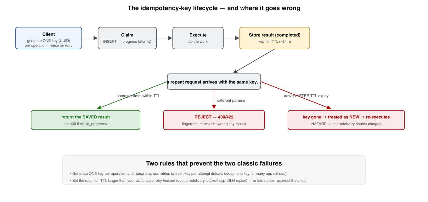 The idempotency-key lifecycle. The client generates one key per logical operation and reuses it on retries. The server claims it, executes, and stores the result for a retention window — after which the same key is treated as brand new, which is a hazard if a retry arrives late.
