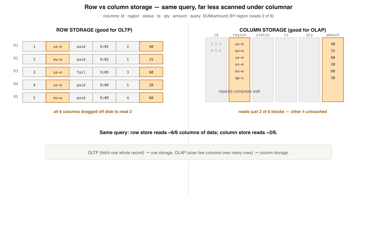 The same six-column table stored row-wise versus column-wise. Row storage: each row is a contiguous run of all six cells; a scan of one column must touch every block. Column storage: six separate column blocks, so an analytic query reads only the two it names.