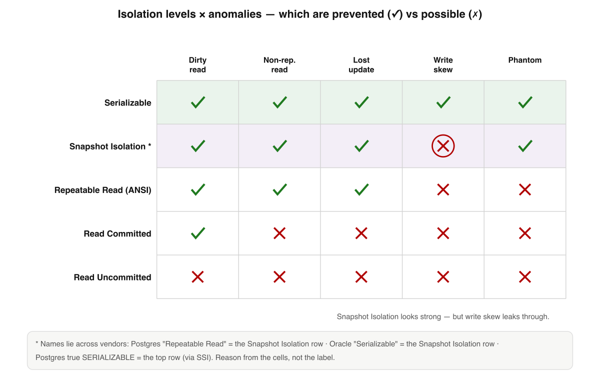 The isolation-level by anomaly matrix. Each cell shows whether a level prevents an anomaly; the names real databases use map onto these rows in surprising ways.