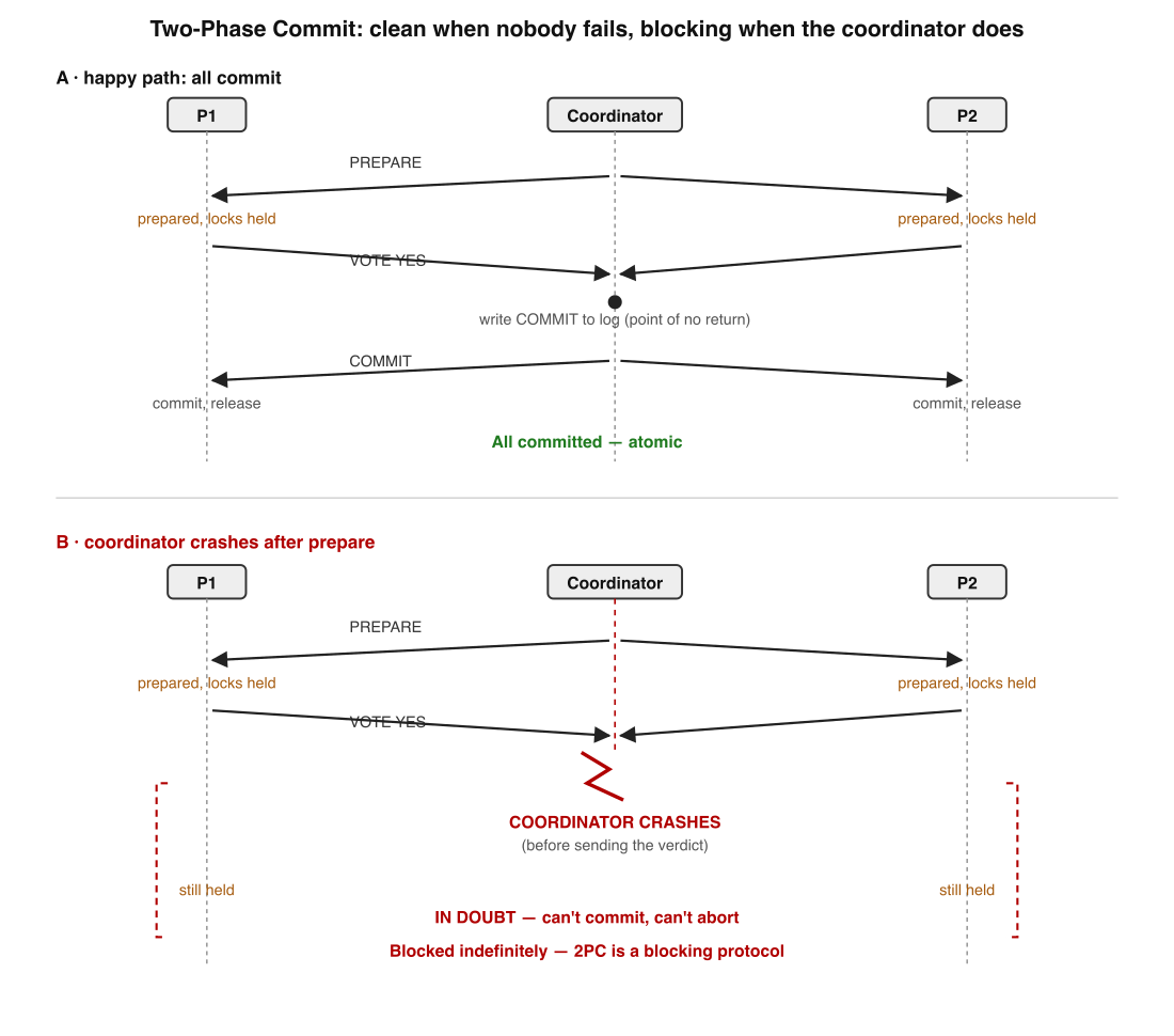 2PC commits cleanly when nobody fails, but the coordinator crashing between phases freezes the participants in doubt. Top: prepare/vote then commit succeeds; bottom: the coordinator dies after both participants prepared, leaving them holding locks with no safe move.