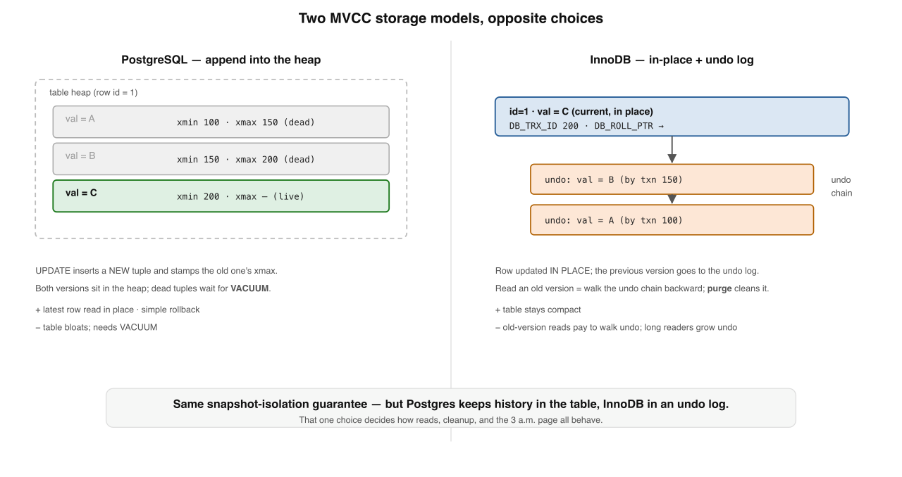 Two MVCC storage models. PostgreSQL keeps every row version in the heap (old versions stay until VACUUM removes them). InnoDB updates the row in place and keeps the old version in an undo log, reconstructing past versions on demand.